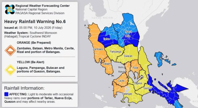 Orange rainfall warning ibinabala sa Metro Manila, 5 iba pang lugar