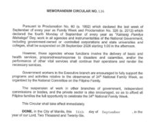 Pasok sa trabaho sa gobyerno sa Lunes pinaikli sa pagdiriwang ng National Family Week